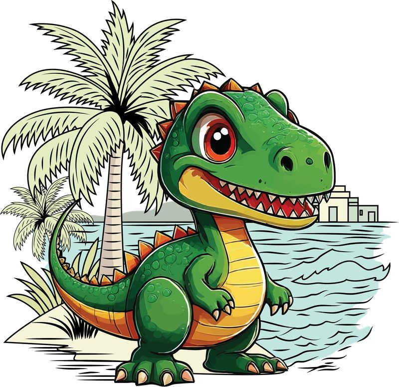 The Raptor Plumbing mascot: a green cartoon raptor standing on the shore beside a palm tree