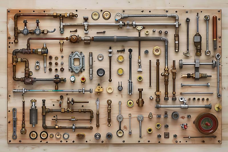 Brass and chrome pipe fittings, valves and fixture parts laid out on a wooden board