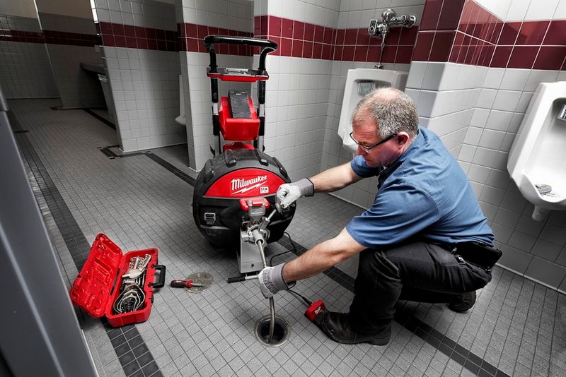 A plumber feeding a drain cleaning machine's cable into a floor drain in a commercial restroom