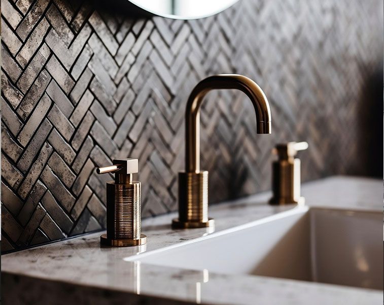 Brushed brass bathroom faucet and handles on a stone counter in front of a dark herringbone tile wall