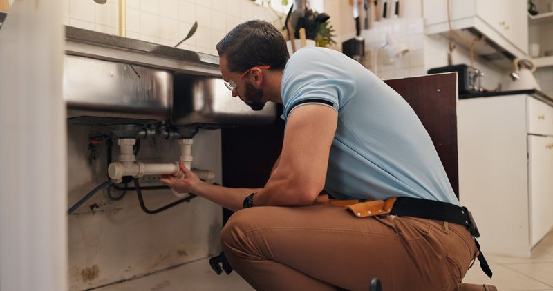 A plumber kneeling at an open kitchen sink cabinet, working on the drain pipes under the sink