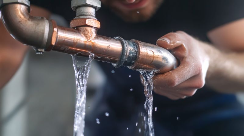 A plumber gripping a copper pipe as water sprays from a leaking joint