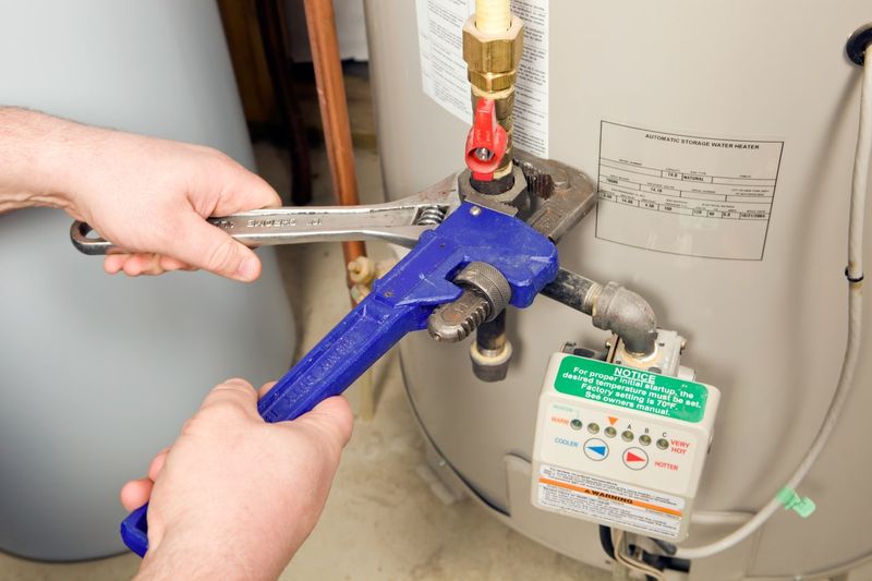 A plumber's hands turning a fitting on a water heater with a pipe wrench and an adjustable wrench